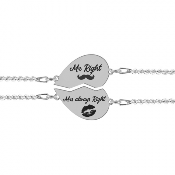 Set bratari argint cuplu inimioare 16 mm (2 bucati incluse) - personalizate cu text